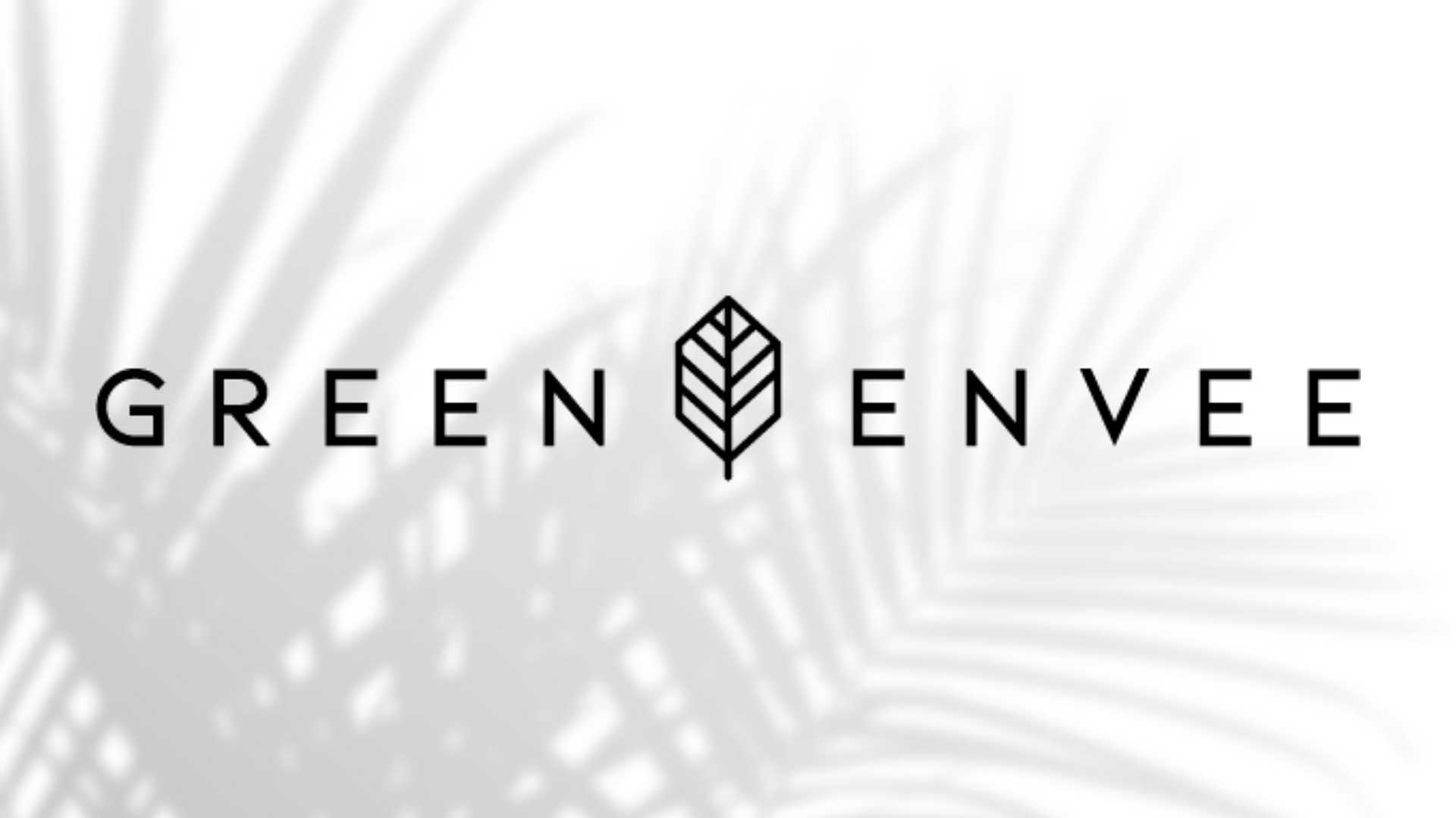 Logo with "Green Envee" and a leaf icon, shadowed palm leaves in background.