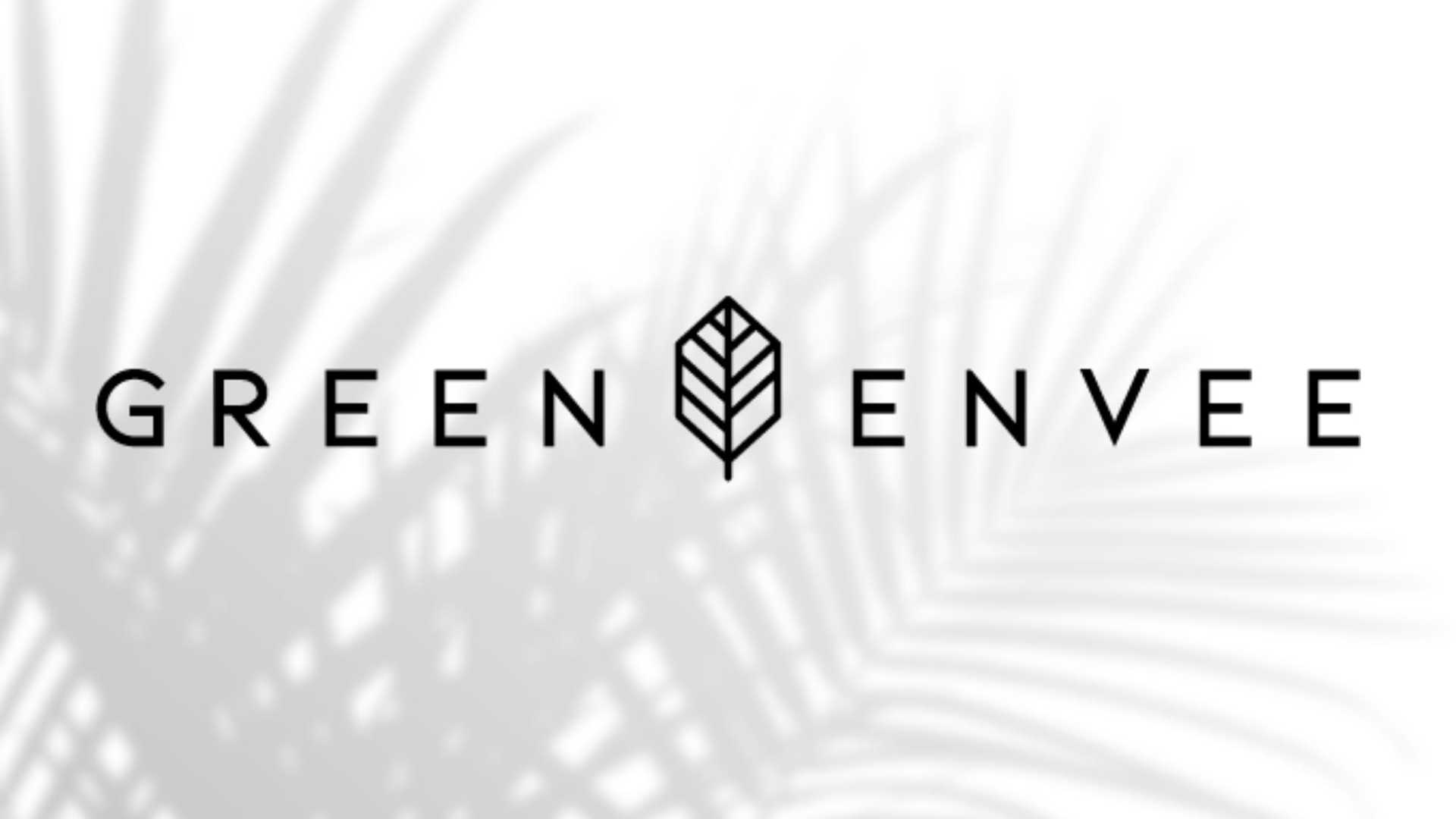 Logo with "Green Envee" and a leaf icon, shadowed palm leaves in background.