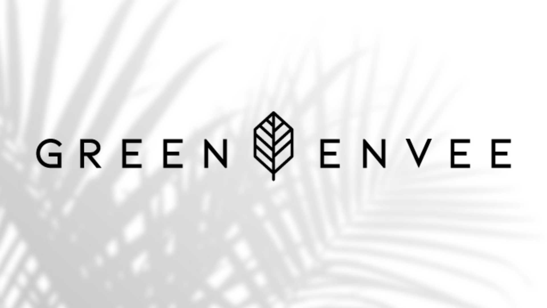 Logo with "Green Envee" and a leaf icon, shadowed palm leaves in background.